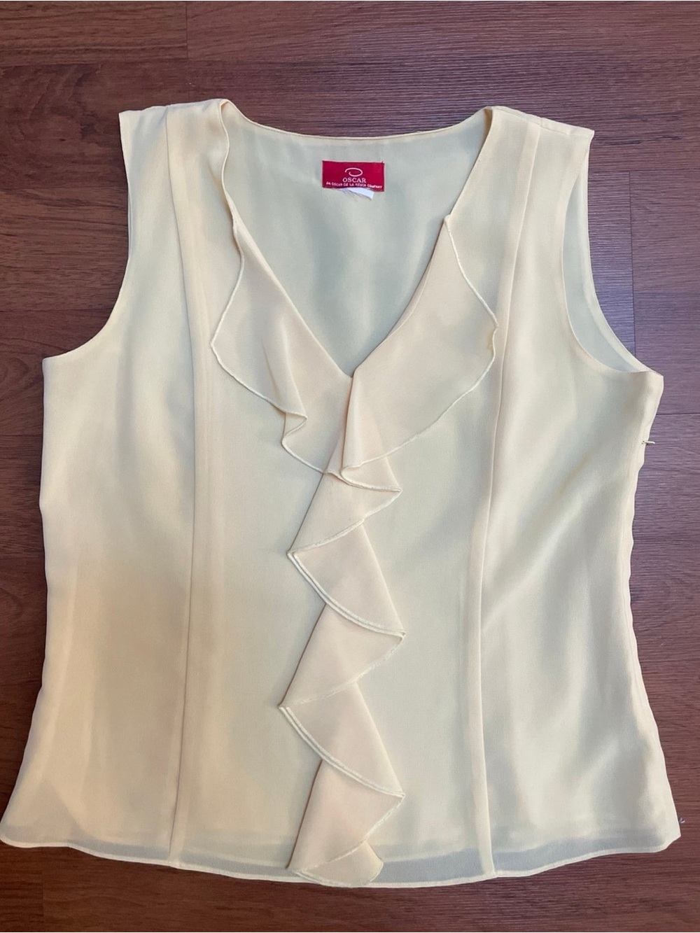 Oscar de la Renta Pale Yellow Ruffle V-Neck Sleeveless Blouse,medium